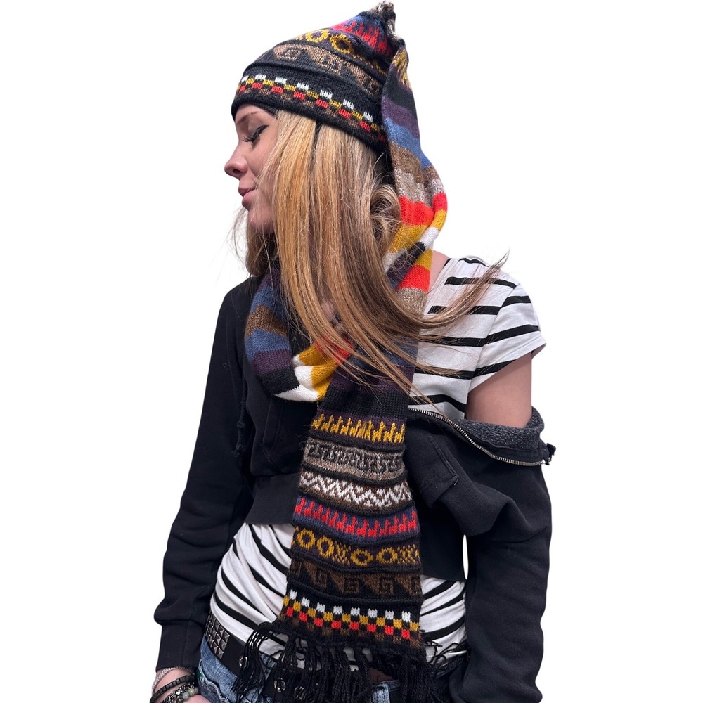 Alpaca Fina Geometric Stripe Fringe Hat and Scarf Winter Woman - Picture 9 of 9